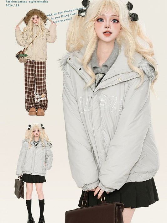 Grau/Apricot Buchstaben Druck Hasenohren Kapuze Dicke Jacke Abnehmbare Kapuze