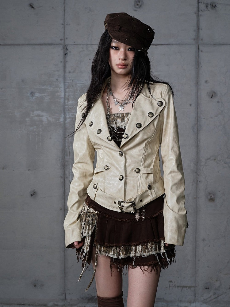 Yellow Belt Rose Jacket with Punk Buckle Embroidery Cropped Tailored Khaki