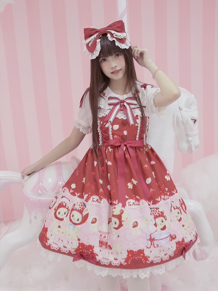 フリルピーターパンカラーの蝶結び、甘いイチゴ柄の赤と白のロリータブラウス