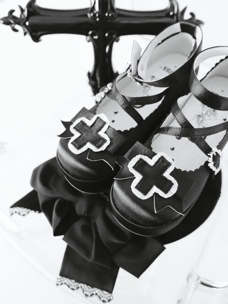 6cm Gothic Heel Straps Black Criss-cross Balletcore Satin Platform Buckle Shoes with