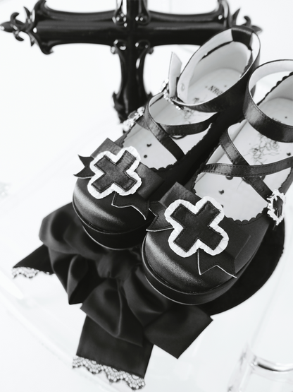 6cm Gothic Heel Straps Black Criss-cross Balletcore Satin Platform Buckle Shoes with