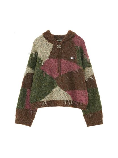 フード付きカラーレトロブロックニット