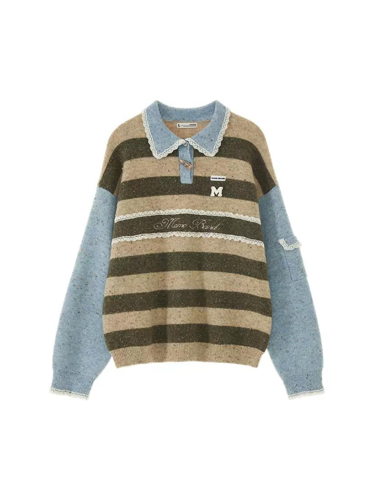 Polo Striped Sweater Retro Lace Pullover