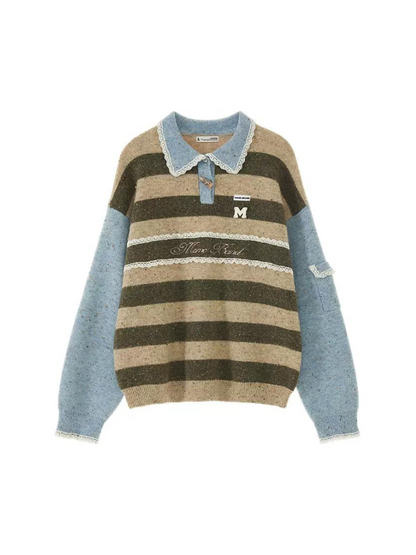 Polo Striped Sweater Retro Lace Pullover