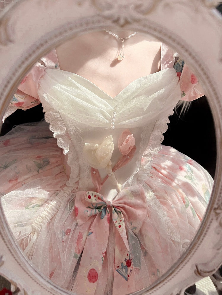 Dress with Pink Off-Shoulder Elegant Drawsting Tulip Lolita Print Tulle Overlay