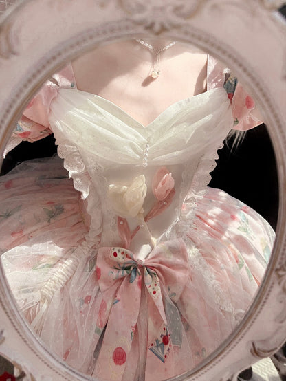 Dress with Pink Off-Shoulder Elegant Drawsting Tulip Lolita Print Tulle Overlay