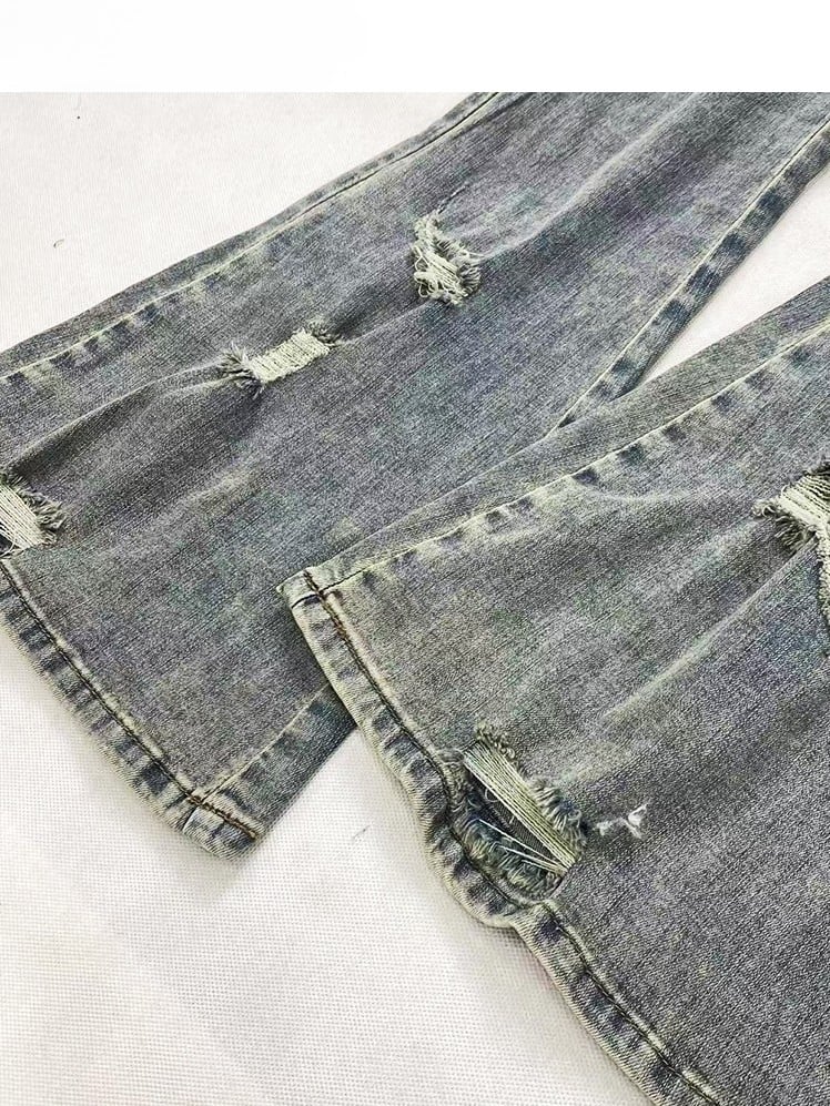 Faded Glamorous Holes Design Wash Bittersweet Silhouette Jeans Distressed Blue Flare