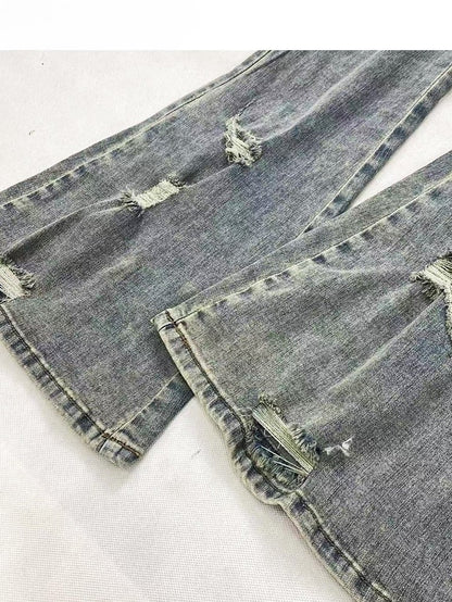 Faded Glamorous Holes Design Wash Bittersweet Silhouette Jeans Distressed Blue Flare