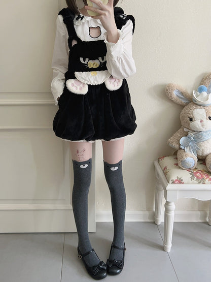 Detachable with Plush Paw Kawaii Soft Hood Cat-Ear Cat Embroidery Bloomer Shorts Overall Black