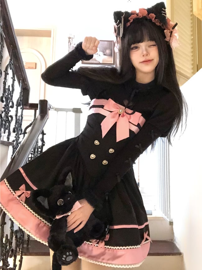 Schwarz-rosa Katzenohren Schleife Akzente Basken Taille Süßes Kleid Lolita Pullover Rock