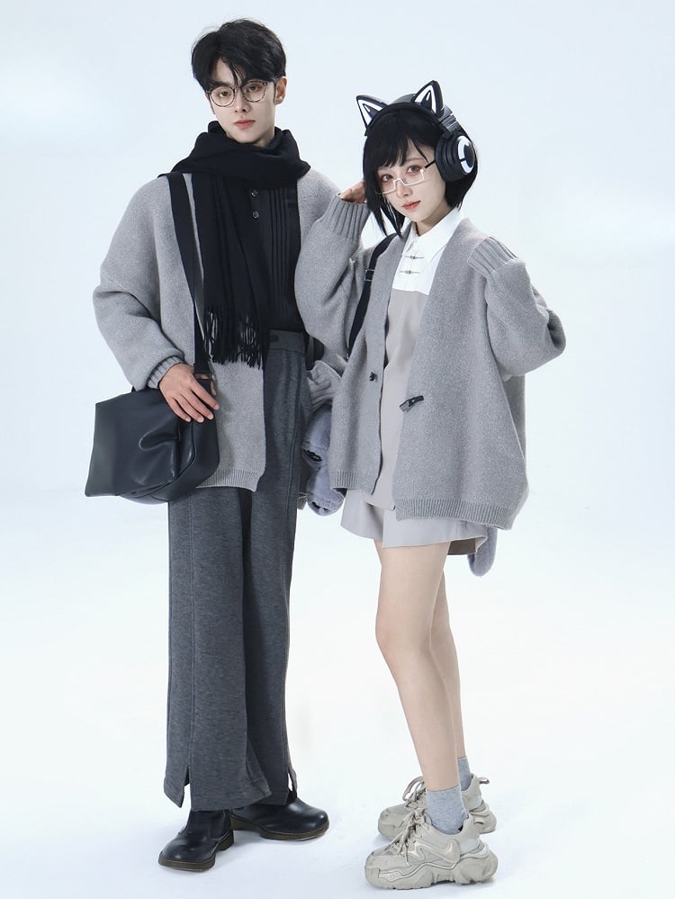 Gray Knit Buckle Cardigan with Unisex Closure Ouji