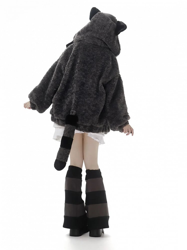 Raccoon-Inspired Ears Hooded Coat Tail Detachable Gray with Design Plush Cozy