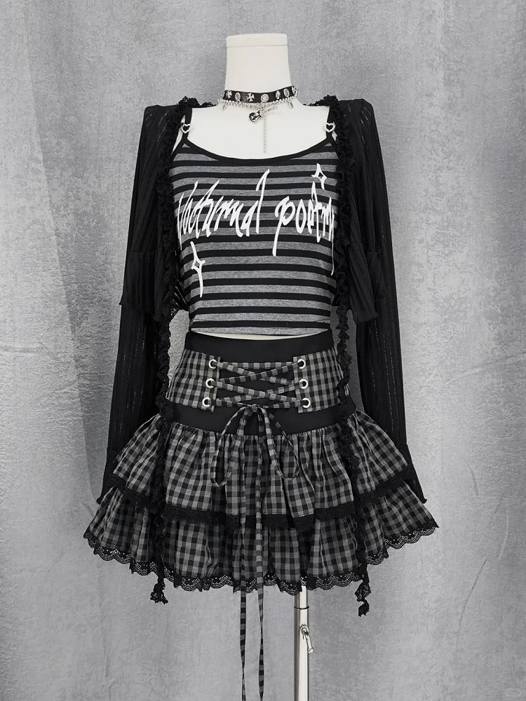 Black and Gray Plaid Lace-up Waist Tiered Skirt