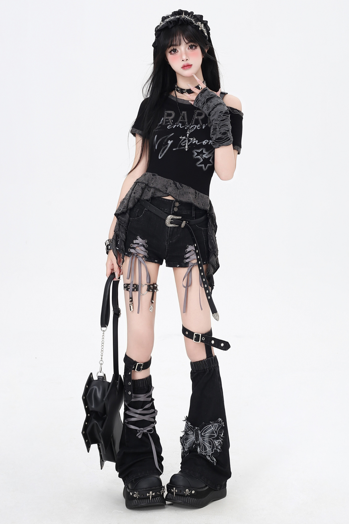 ショートパンツ カラーリボン デニム レースアップ