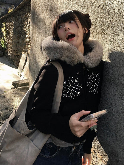 Trim Detachable Snowflake with Faux Hood Hooded Black Fur Rhinestone Jacket Zip-up