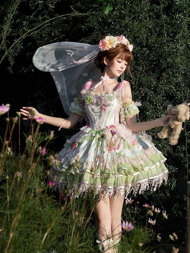 Sweet Lolita JSK Set with Floral Crown and Detachable Sleeves - Sweetheart Macaron Lolita