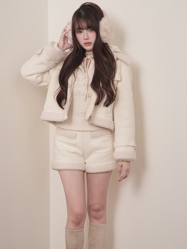 Cropped Hooded Kei White Jacket Strap with Details Jirai Zippered