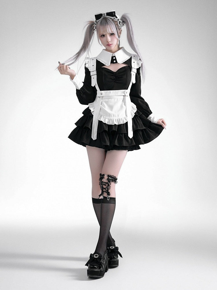 Black White Jirai Kei Collared Tiered Ruffle Dress Shorts Set - Fluffy Heart