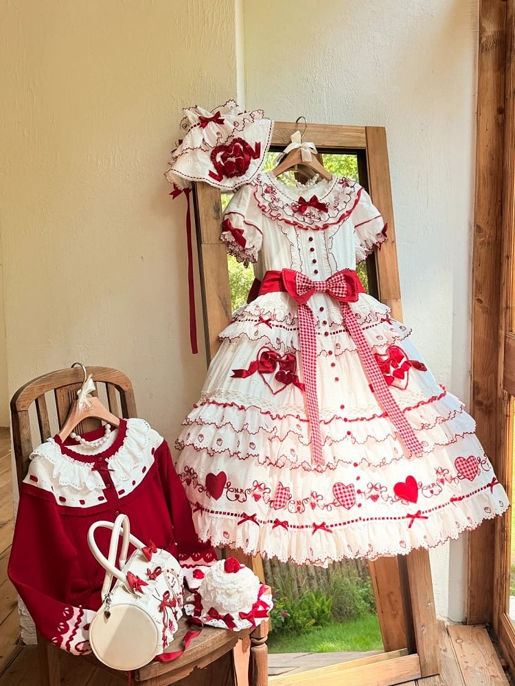 and Lolita Ruffles Applique Sweet White Dress Red Sweetheart with Bows