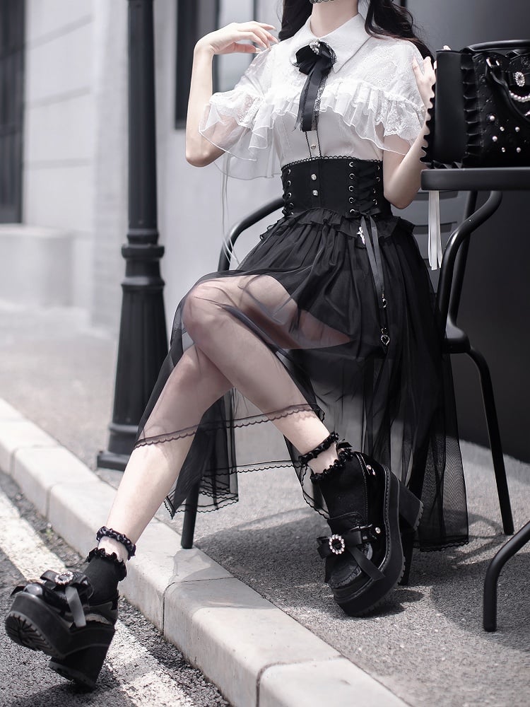 Black Lace-up High Waist Skirt Jirai Kei Style with Mesh Overlay