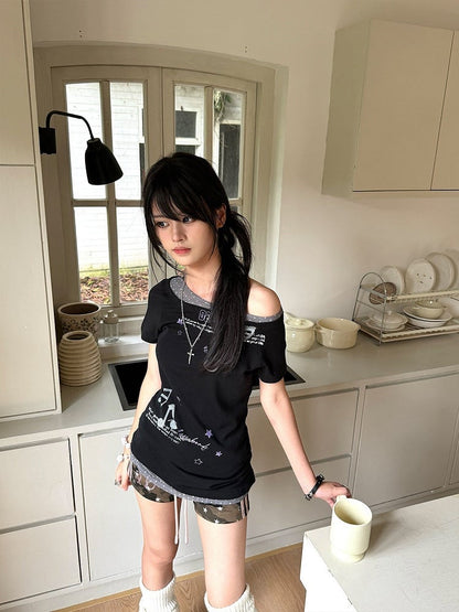 Two-Piece Asymmetrical Fake Shoulders with Dot T-Shirt Polka Black