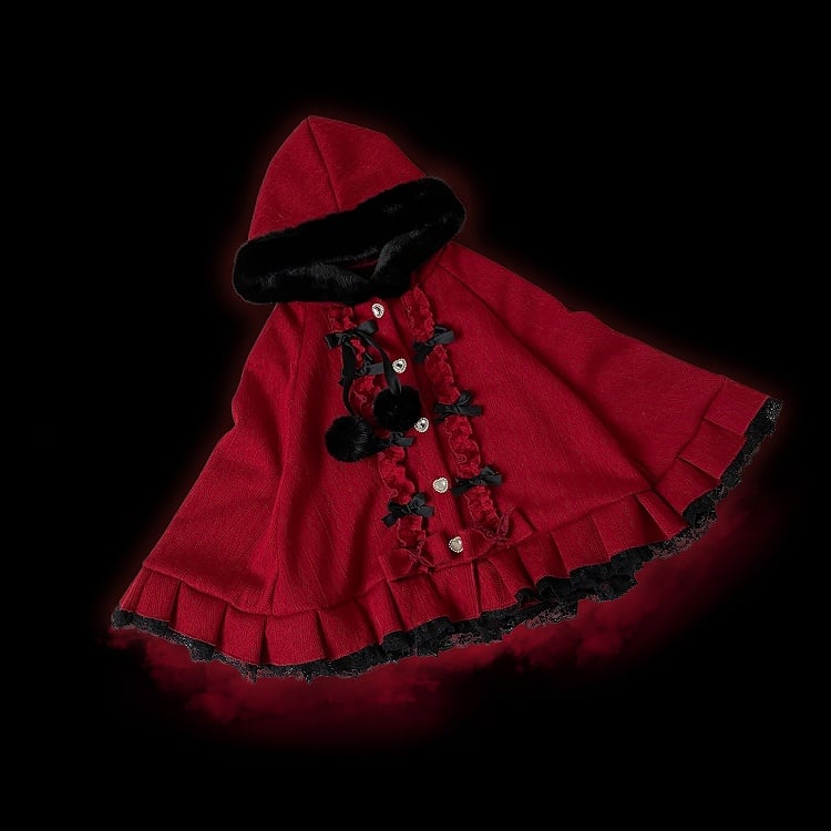 Red Jirai Kei Hooded Cape with Bow Accents and Pompoms