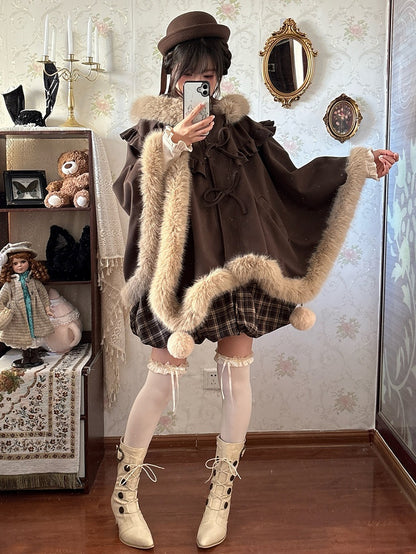 Pompon with Brown - Bear Plush Hooded Ear Accents Cape Hood Ruffle Trim Edging