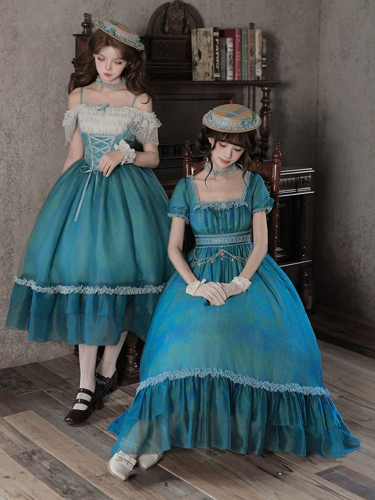 Square Neck Teal Lolita Dress with Belt & Chain Set - Elegant - With PUJI