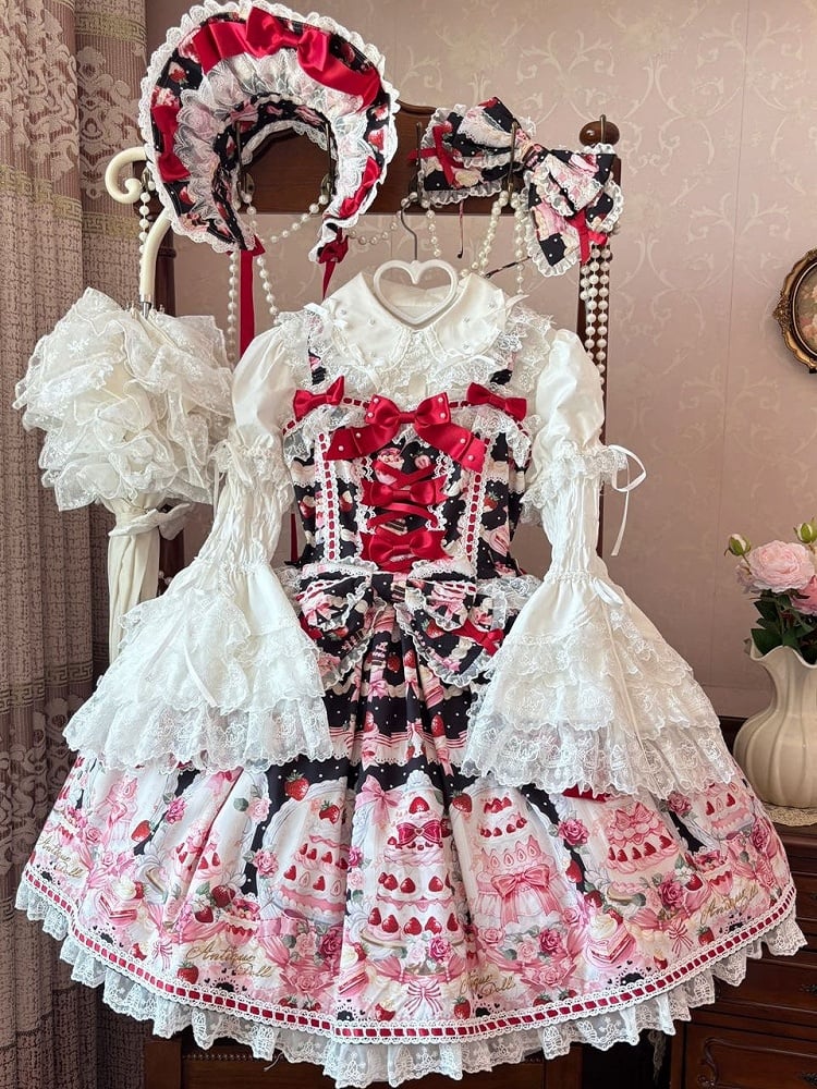 Set Black and Strawberry Desserts Full Sweet Print Lolita JSK /