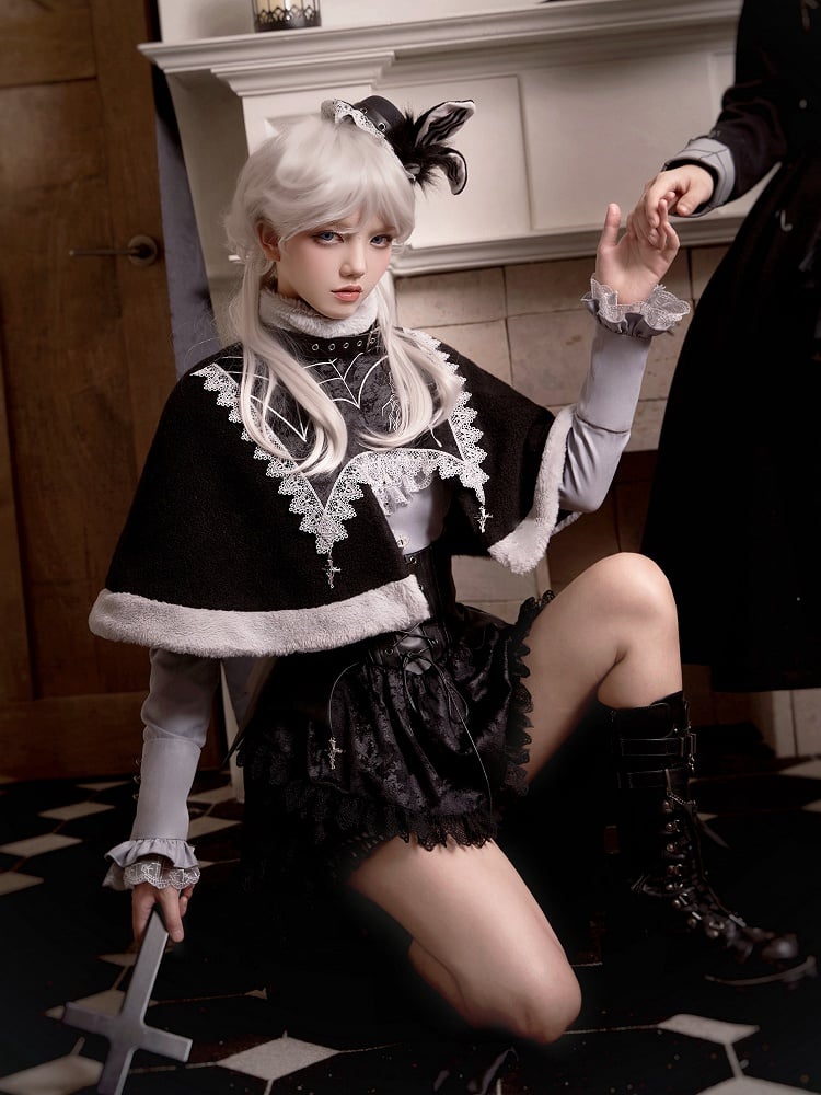 Cross Charms Spider Web Plush Neckline Cape