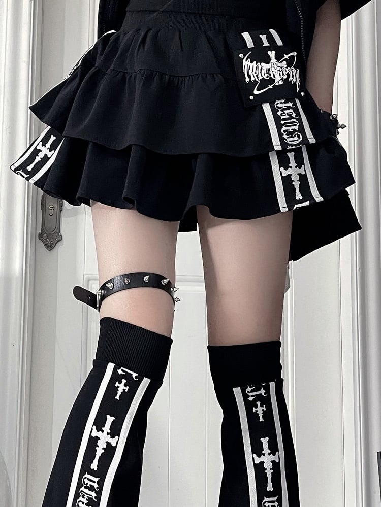 White Skirt Multi-Layer Black with Punk Font Ruffle Side Cross Stripes