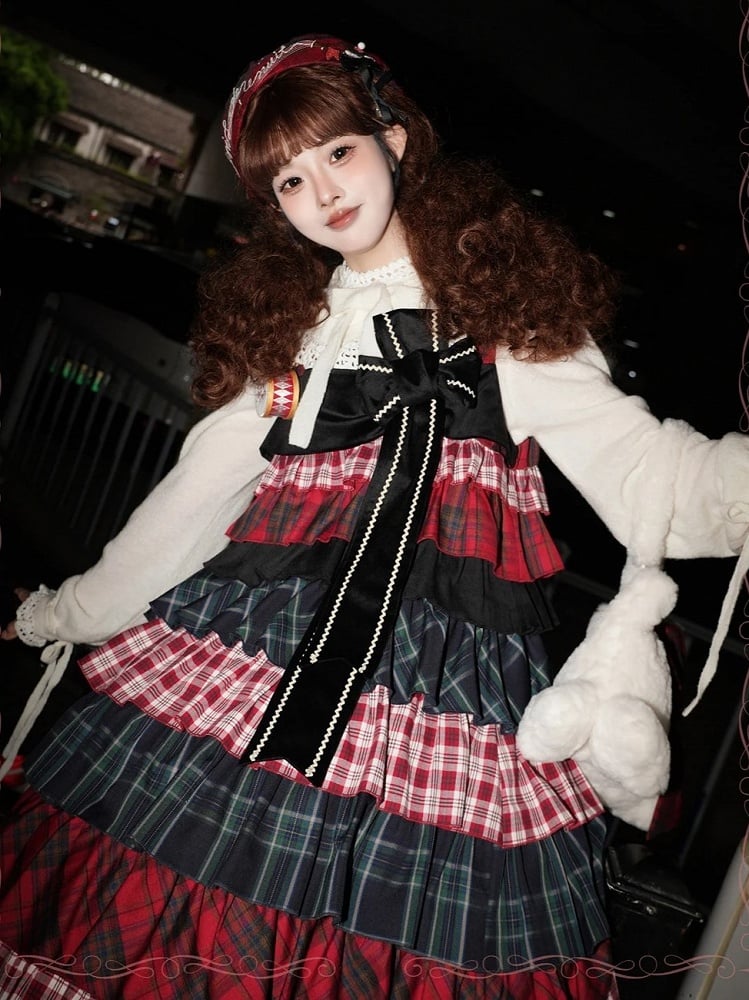 Sweet Lolita Red and Black Plaid Patchwork Long Layered JSK Gown with Bowknot Brooch - iris de nuit
