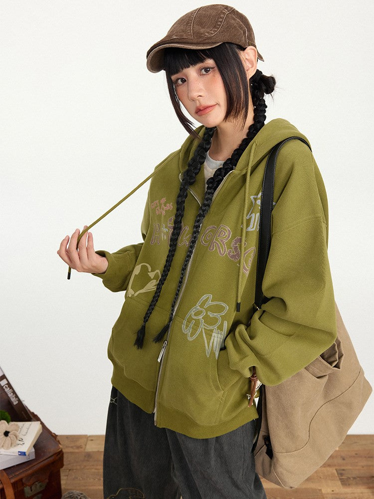 Print Zip Olive Hoodie Placket Kawaii Hood - Drawstring Green Letter Two-way