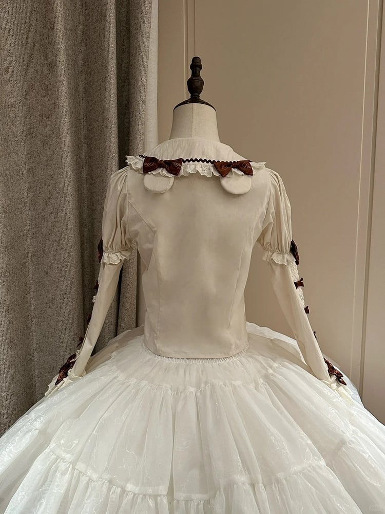 and Lolita Ruffled Pan Peter with Detachable Accents Brown Sleeves Collar Bow Blouse Beige