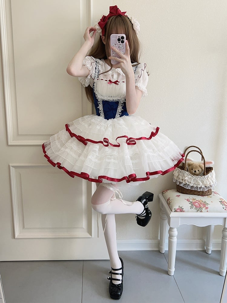 Jumper Blue Bows Waist Skirt White Lolita Basque Print Dark Balletcore Snow
