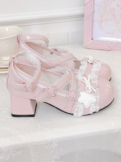 with Lace Heel Pink - PU Mary Sweet Lolita Low Trim Janes
