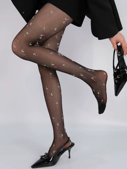Floral Y2K Tights Black Pattern