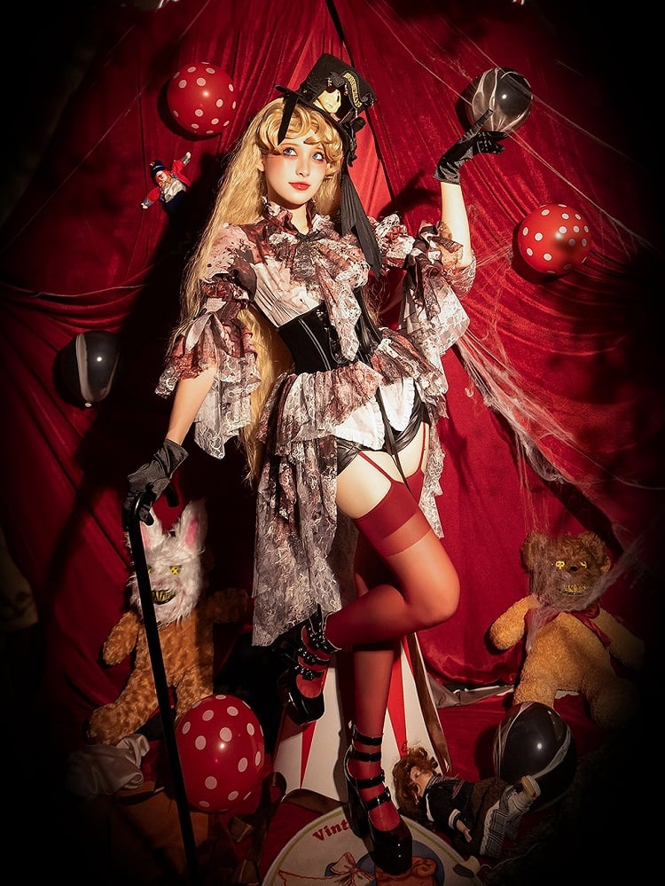 Print Black Red Bloodstain Gothic Lace Lolita Corset Boned with Train Belt