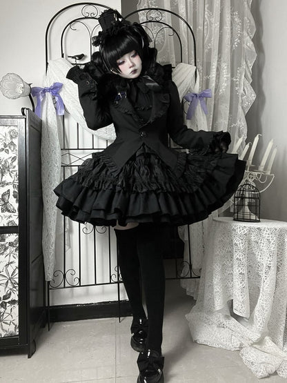 Black Gothic Lolita Tiered Ruffle Puffy Skirt
