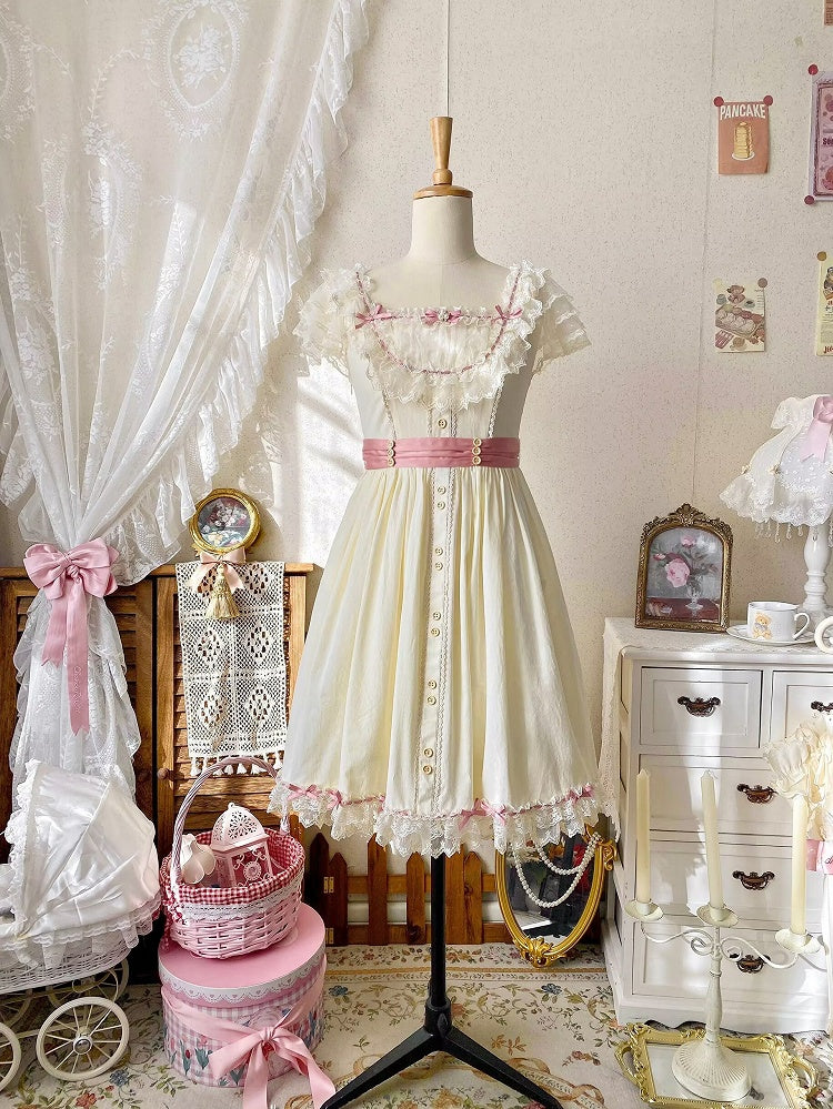 Short Lolita Dress Classic Light Version Bow with Elegant Yellow Lace and Details