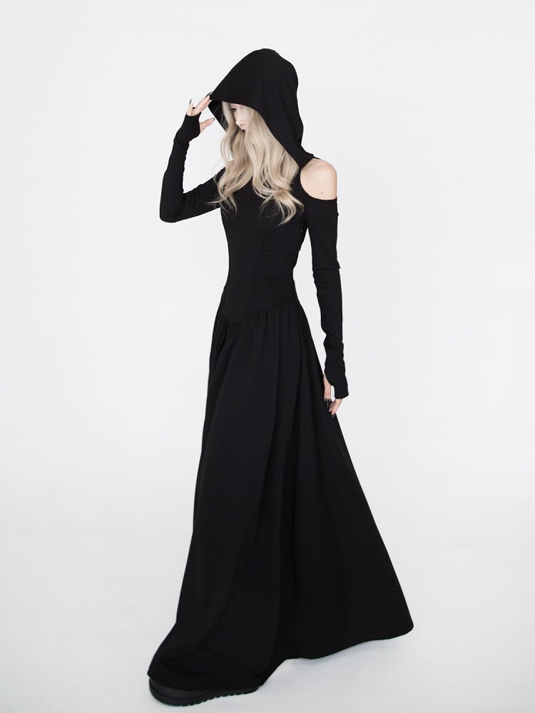 Kapuzen-Hexen-Punk-Kleid im Wasteland-Look für schwarzen Halloween-Gothic-Schulterausschnitt