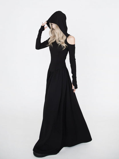 Hooded Witchy Punk Dress a Look Wasteland for Black Halloween Gothic Shoulder Cutout