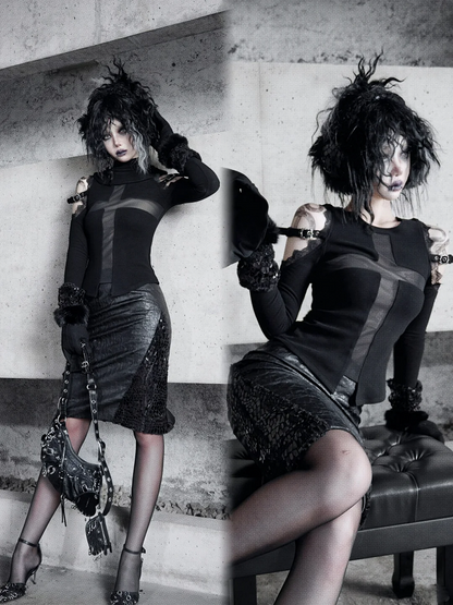 Schwarzes, halbtransparentes, langärmliges Gothic-Oberteil mit offenen Schultern und kreuzförmigen Netzeinsätzen