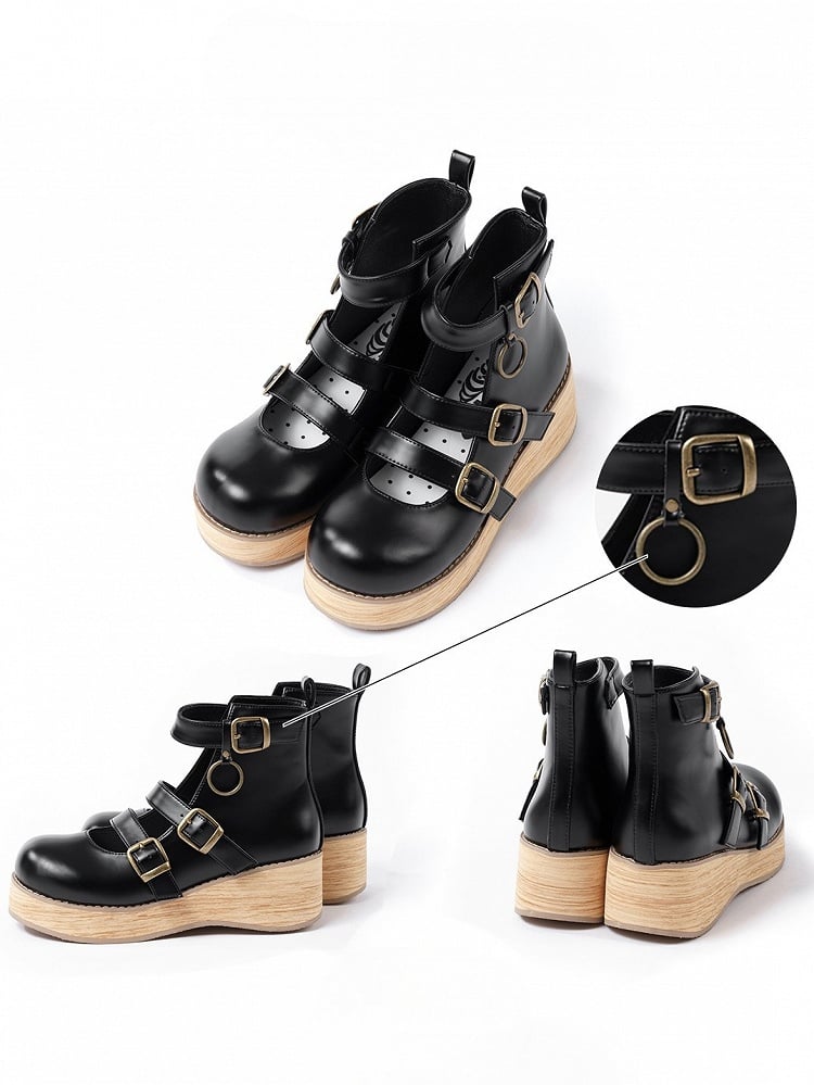 Plateau-Spitze mit Keilschnalle 3-5 cm Sohle rund schwarz 3 Riemen