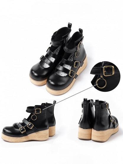 Plateau-Spitze mit Keilschnalle 3-5 cm Sohle rund schwarz 3 Riemen