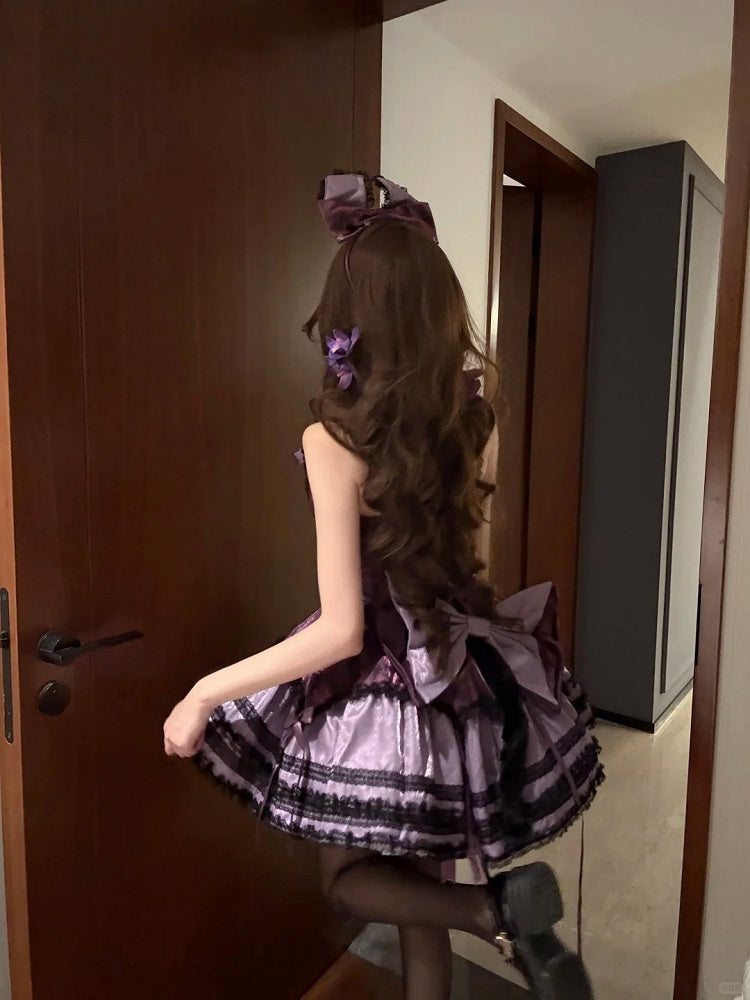 Black Dress Fluffy Waist Lolita Purple Accents with Sweet Basque Bow