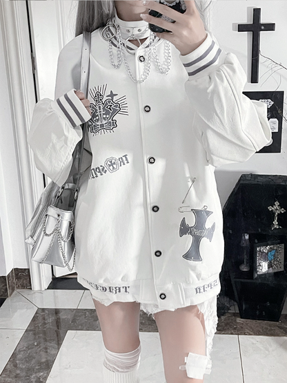 Jacketwith Baseball PrintStriped Gray Cuff Vintage Gothic White Crown+Wing