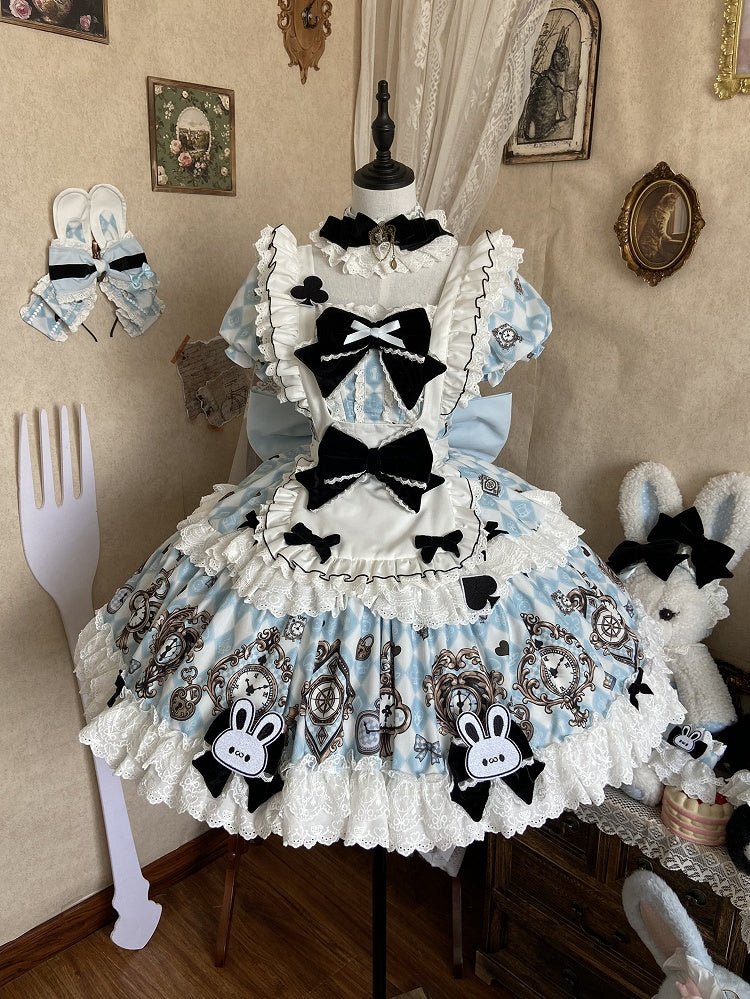 Blue White Alice Wonderland Sweet Lolita OP Dress Set - Untitled Heartbeat