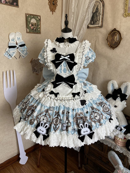 Blue White Alice Wonderland Sweet Lolita OP Dress Set - Untitled Heartbeat