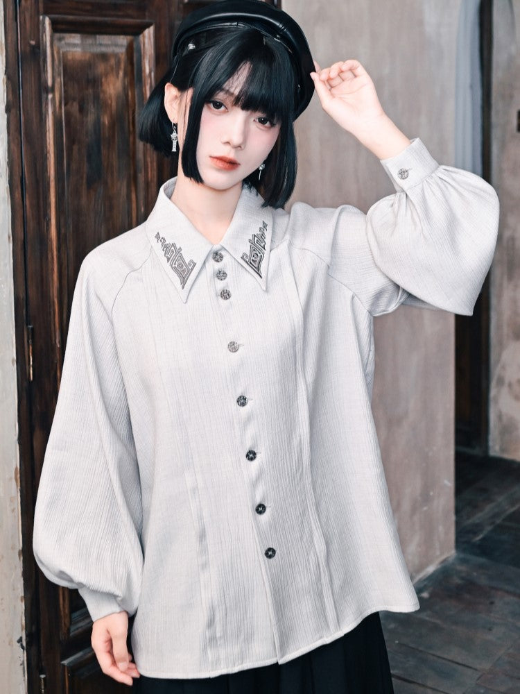 Shirt with Embroidery Light Bronze Gothic Sleeves Bishop Cheongsam Gray